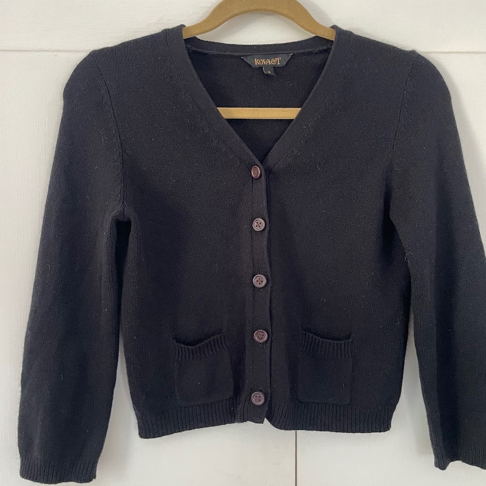 KOVA & T Small Women's Black Wool Cardigan 3/4 Sleeve and Professor Patches